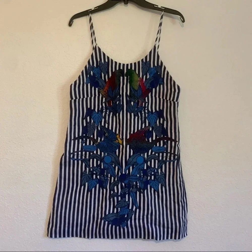 FARM Rio Striped Mini Dress Embroidered Birds Toucan Linen Cover Up Resortwear - Picture 1 of 7